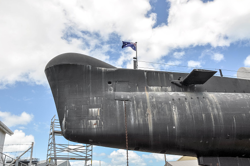 New York, NYC, USA-July 31 , 2023: U. S. S.submarine at museum pier 86 of Intrepid Sea, Air and Space museum in New York, docked on the Hudson River .