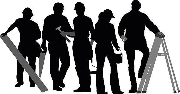 Renovation Work Silhouette Crowd A vector silhouette illustration of a construction crew working and holding tools and supples including a plank of wood, hammer, saw, paint roller, paint can, and a ladder. woman wearing tool belt stock illustrations