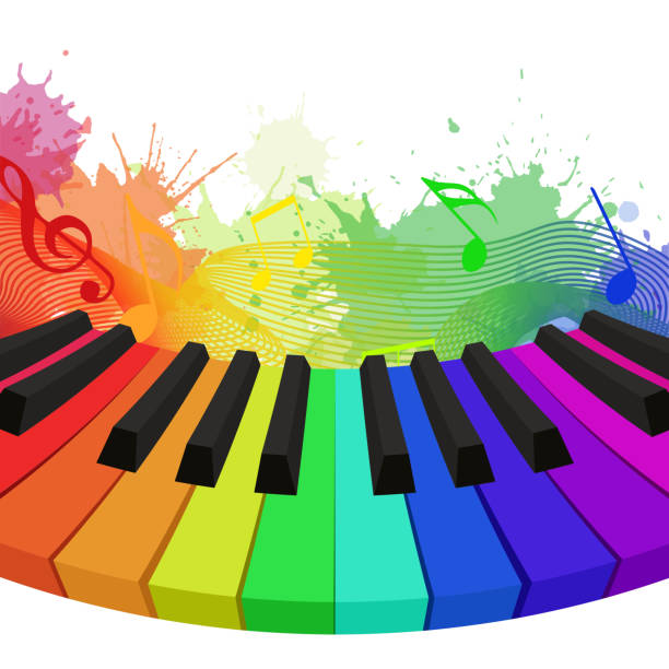 Illustration of rainbow colored piano keys,  musical notes Illustration of rainbow colored piano keys,  musical notes and watercolor splashes. Vector element for your design australian rugby championship stock illustrations