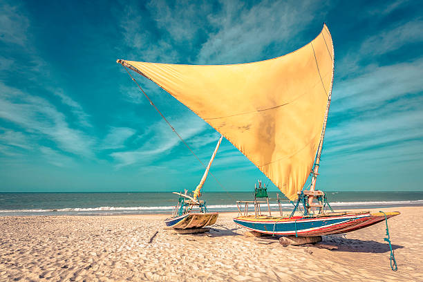 barco de pesca na praia de natal, brasil - wooden raft imagens e fotografias de stock