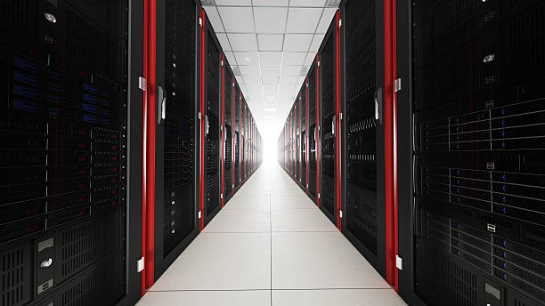 Inside the long server room tunnel with bright end Close up of turned on server racksInside the long server room tunnel with bright end network server rack isolated three dimensional shape stock pictures, royalty-free photos & images