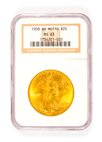 Springfield, OR, USA - April 2, 2014: 1908 no motto St. Gaudens 20 dollar gold coin graded by Numismatic Guaranty Corporation in a protective case.