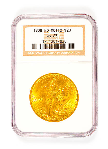 Gold 20 Dollar St Gaudens Coin Graded Springfield, OR, USA - April 2, 2014: 1908 no motto St. Gaudens 20 dollar gold coin graded by Numismatic Guaranty Corporation in a protective case. 1908 stock pictures, royalty-free photos & images