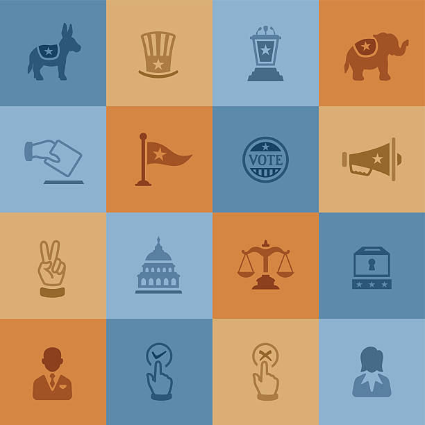 Political Icons Illustrator Vector EPS file (any size), High Resolution JPEG preview (5417 x 5417 px) and Transparent PNG (5417 x 5417 px) included. Each element is named, grouped and layered separately. Very easy to edit. republican national convention stock illustrations