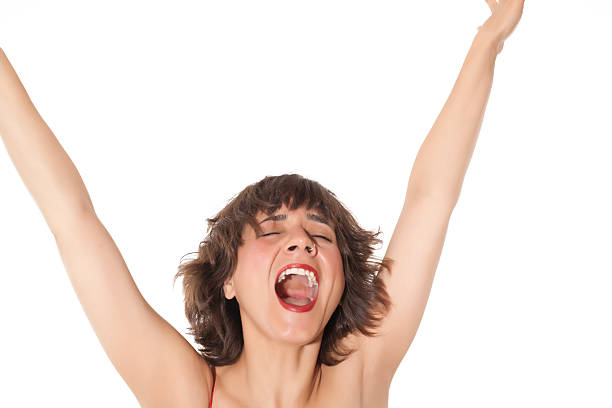 shout Woman screaming with joy ganar stock pictures, royalty-free photos & images