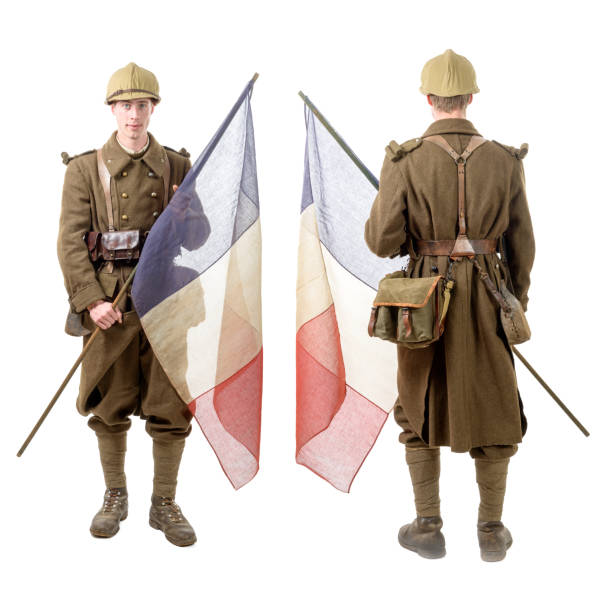 istock 40s french soldier with a flag, back and front view 508387480