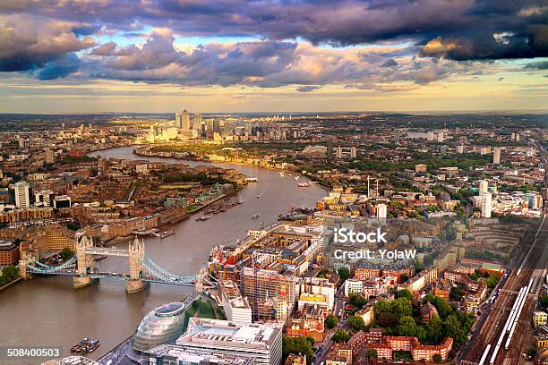 London Aerial View At Twilight Stock Photo - Download Image Now - Aerial View, London - England, Canary Wharf