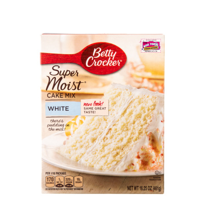 Canton, GA, USA - August 13, 2014 - A box of Betty Crocker white cake mix. Betty Crocker is a brand under the General Mills corporation.