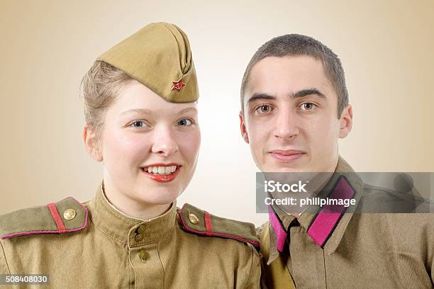 Portrait Couple In Russian Military Uniform Stock Photo - Download Image Now - Adult, Adults Only, Armed Forces