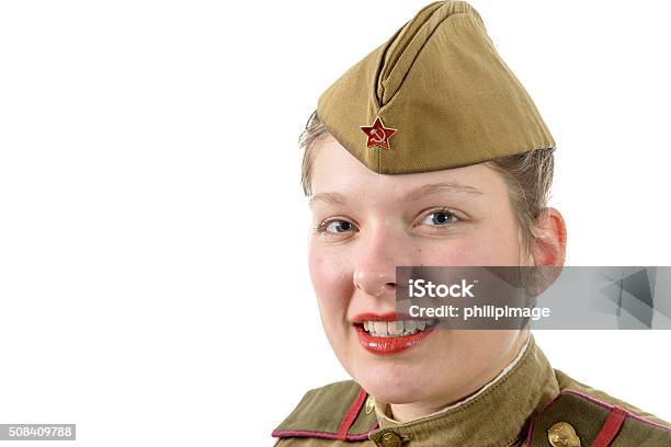 Portrait Of Woman In Russian Military Uniform On White Stock Photo - Download Image Now