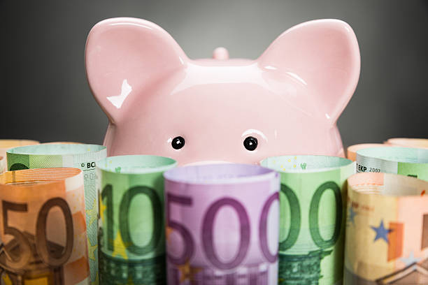 Close-up Of A Piggybank On Euro Banknotes With Eyeglasses