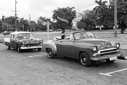 havana, Сuba - January 18, 2016: old historical american cars are parked at street of havana cuba