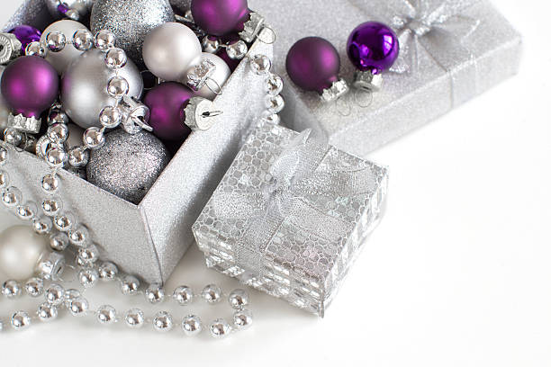 istock Silver and purple Christmas ornaments border 508415274