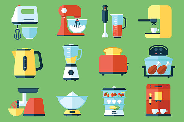illustrazioni stock, clip art, cartoni animati e icone di tendenza di elettrodomestici della cucina - tostapane
