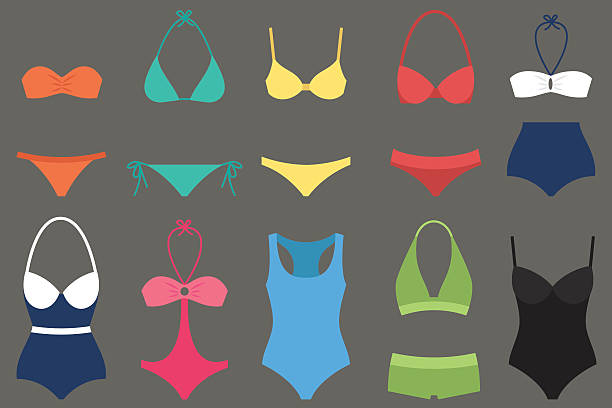 Women swimsuit types Vector various types of woman swimsuits. Flat style. bathing suit stock illustrations