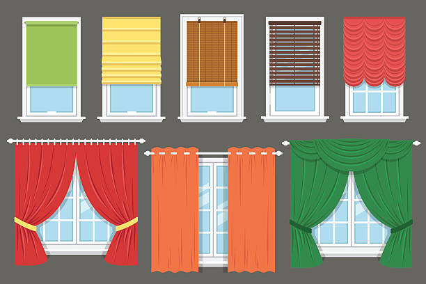 Window treatment Vector collection of various window treatments: curtains, drapery, shades, blinds. Flat style. curtain illustrations stock illustrations