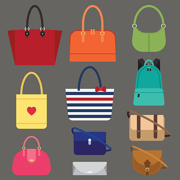 Women bags types Vector various types of woman bags. Flat style. backpack illustrations stock illustrations