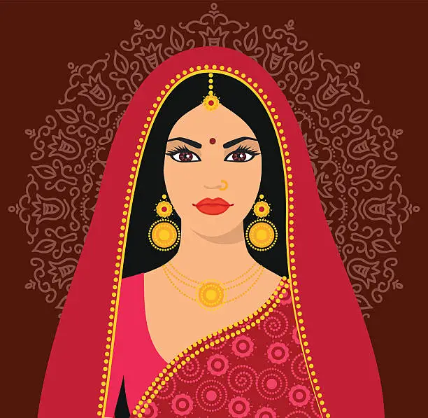 Vector illustration of Beautiful Indian brunette young woman in colorful sari.