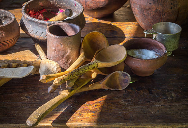 istock Ancient wooden and clay dishes left on table after dinner 508419770