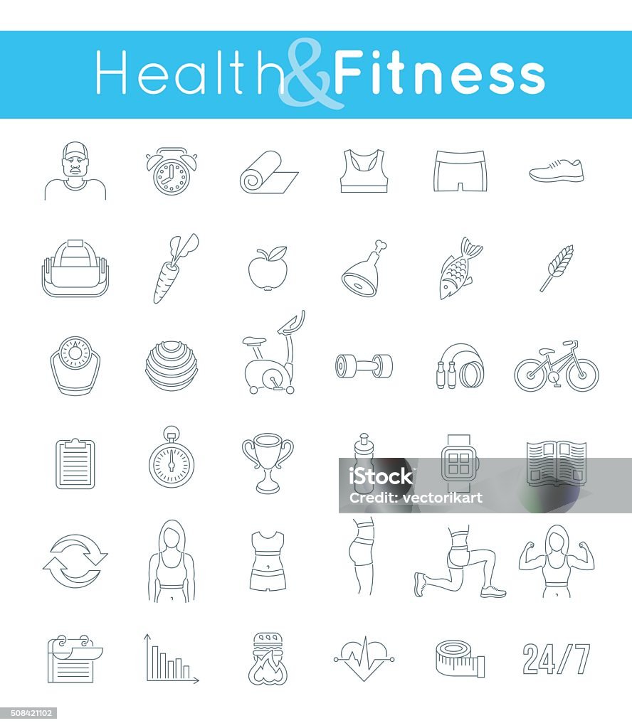 Fitness gym and healthy lifestyle flat thin line vector icons Fitness gym and healthy lifestyle flat thin line vector icons. Diet nutrition, shaping workout, fitness gear, personal trainer, sport clothes infographic elements. Exercises for female body muscles Exercising stock vector