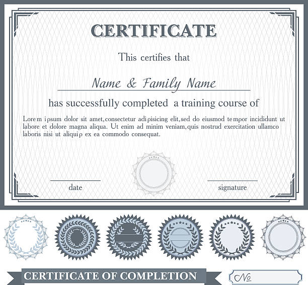 Gray horizontally certificate template with additional design elements Gray horizontally certificate template with additional design elements diploma stock illustrations