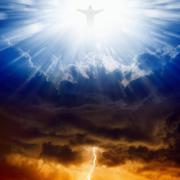 Christ, heaven and hell Jesus Christ in blue sky with clouds, bright light from heaven, heaven and hell hell photos stock pictures, royalty-free photos & images