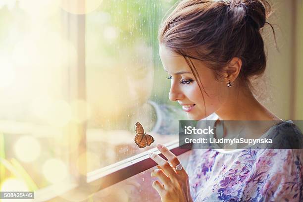 Beautiful Woman With Butterfly Stock Photo - Download Image Now - Women, Butterfly - Insect, One Woman Only