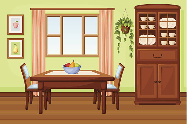 ilustraciones, imágenes clip art, dibujos animados e iconos de stock de interior de la sala de comedor con mesa y armario.  ilustración vectorial. - cabinet