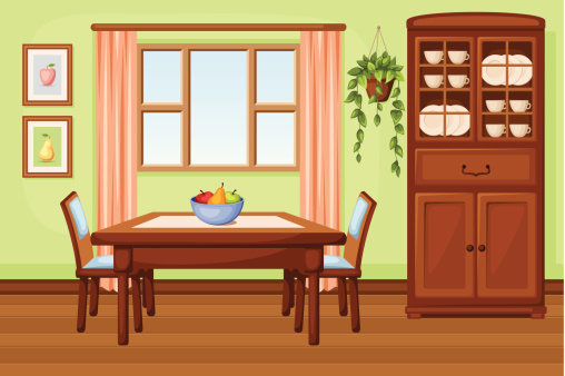 Vector dining room interior with table, chairs, cupboard and window.