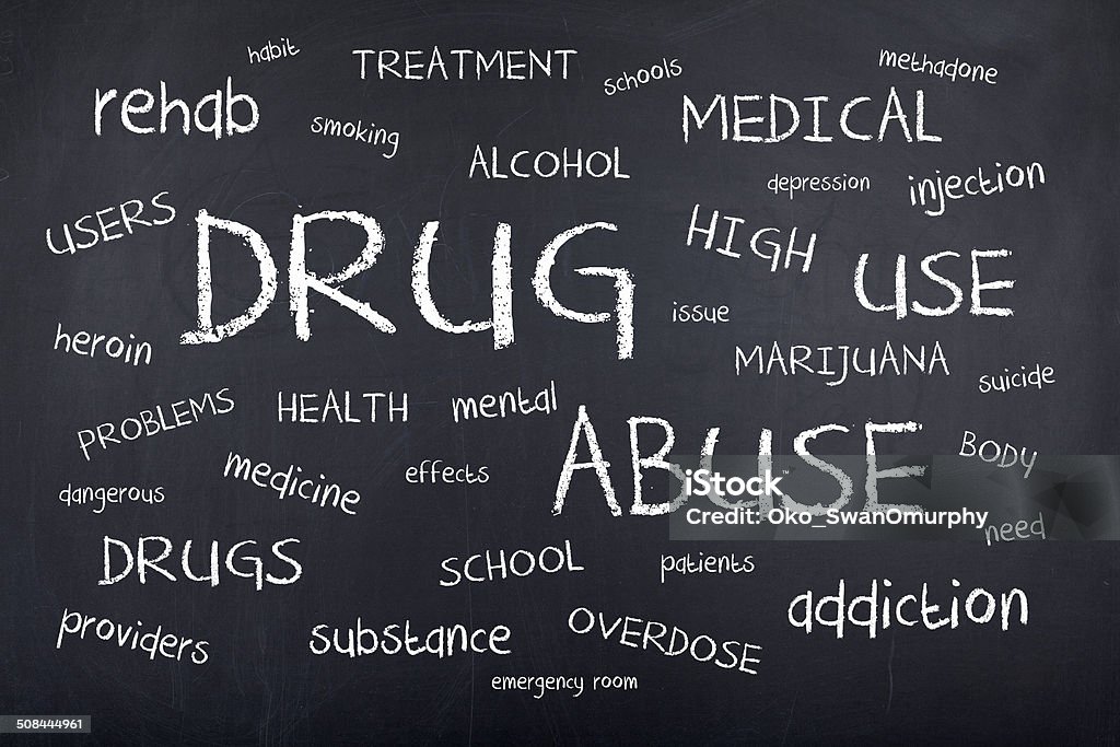 Drug Abuse Drug Abuse word cloud on blackboard Addiction Stock Photo