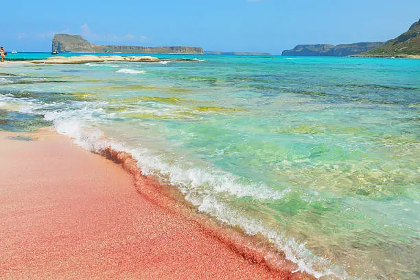 Scenic view at the colorful beach of Balos bay on Crete. The unique pink sand and the vibrant colors of the clear water made Balos bay to one of the most popular beaches on Crete. Tidal wave in the foreground and remote coastline in the back. Famous landmark. Summer. Nobody.