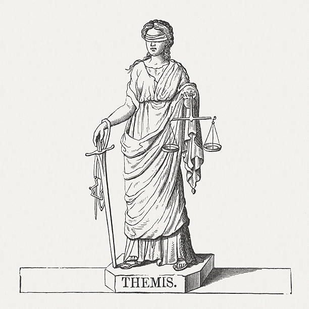 themis-고대 그리스 titaness - scales of justice stock illustrations