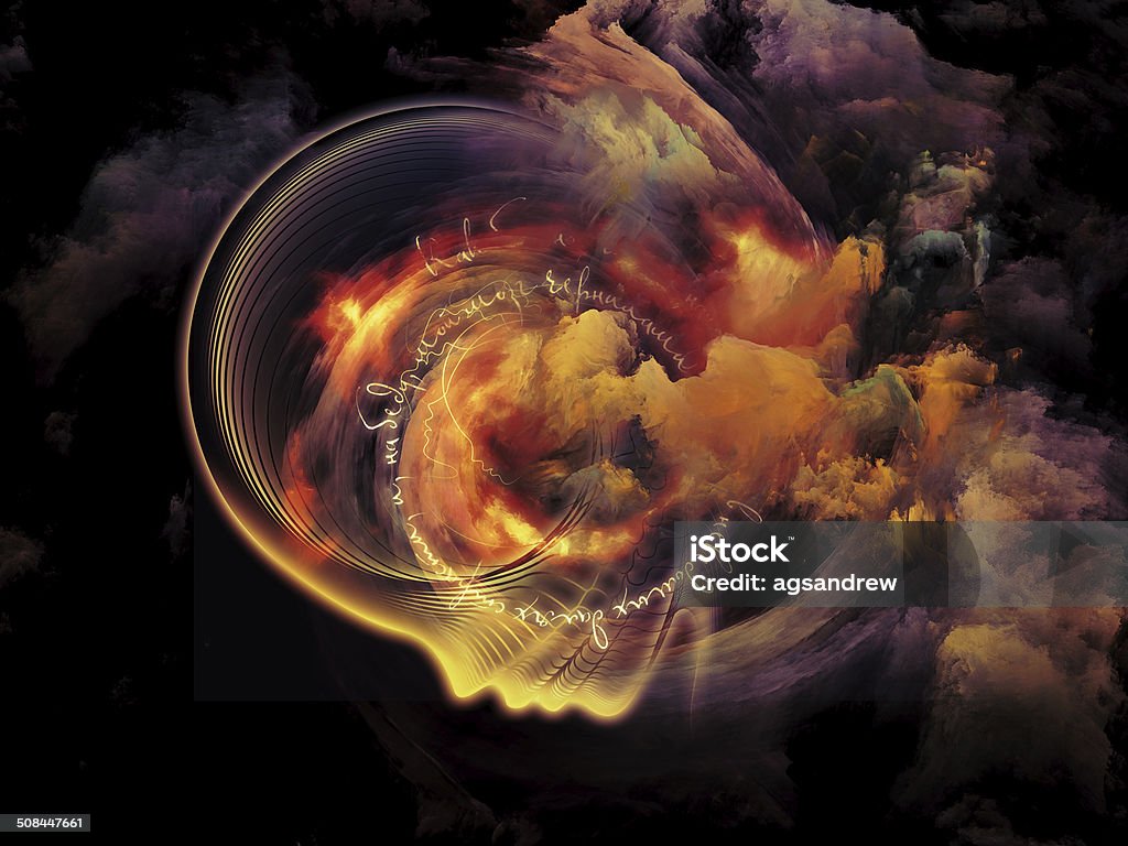 Enchantment Internal Recurrence series. Arrangement of human profile and fractal forms on the subject of inner reality, poetry, magic, imagination, thinking and dreaming Alertness Stock Photo