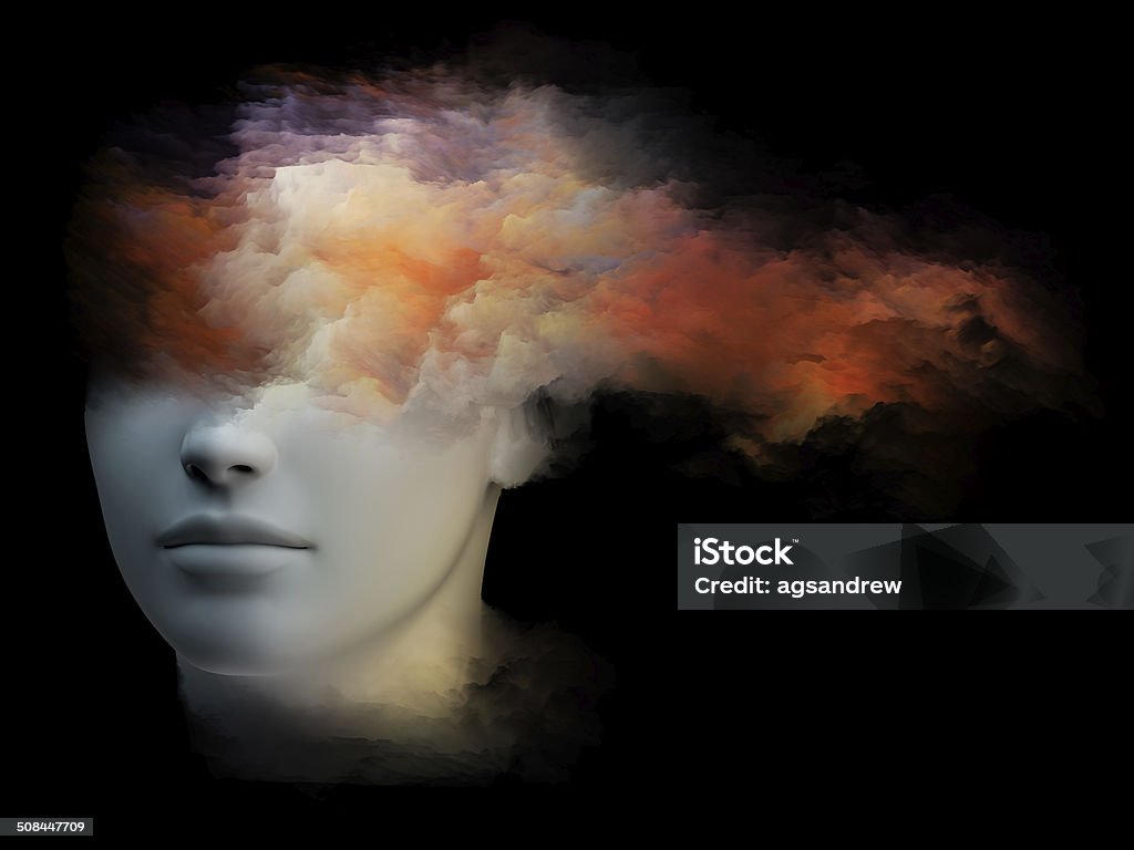 Thought stream Colorful Mind series. Creative arrangement of human head and fractal colors as a concept metaphor on subject of mind, dreams, thinking, consciousness and imagination Salvador Dalí Stock Photo