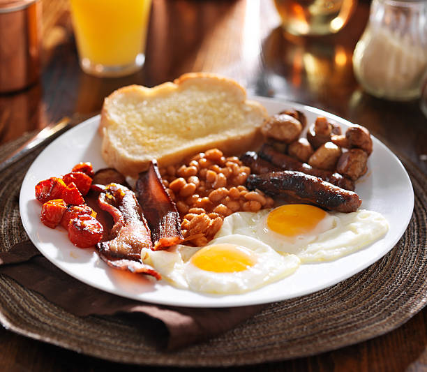 istock english breakfast with eggs, tomatoes, mushrooms, bacon, beans, 508447955