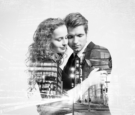 Double exposure of beautiful young hipster couple