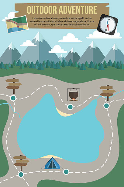 wandern-poster - compass map hiking orienteering stock-grafiken, -clipart, -cartoons und -symbole
