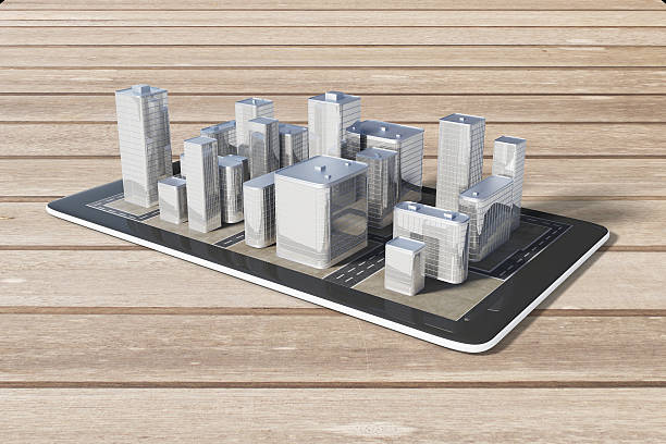 istock Cell phone with 3D city buildings on a wooden table 508452340