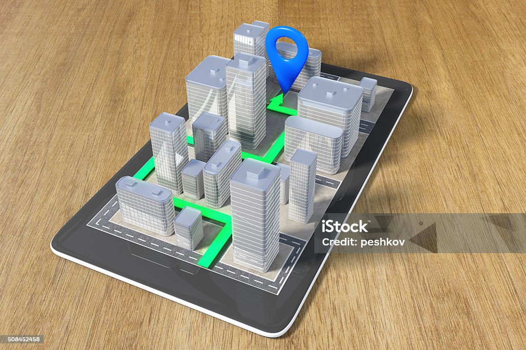 Concepto de navegación con un teléfono celular y abrió la ruta - Foto de stock de Holograma libre de derechos