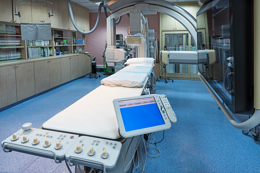 Room of digitalized coronary angiography in the cardiology department of hospital.