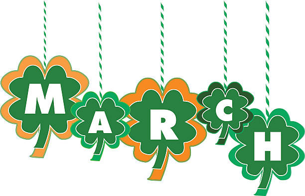 The Month of March Text Within Hanging Shamrocks The Month of March Text written Within Hanging Shamrocks of various colors and sizes - suggests Saint Patrick's Day month of march stock illustrations