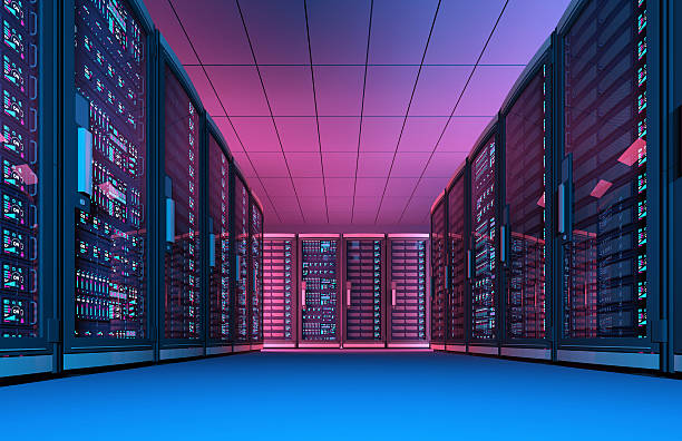 istock Data center at night, aisle with rows of network servers 508455378