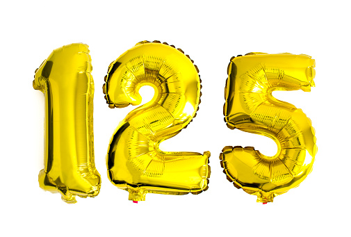 The number of the balloon made of red foil, the number one on a white background with sequins. Birthday greeting card with inscription 1. Numerical digit, Celebration event, template.