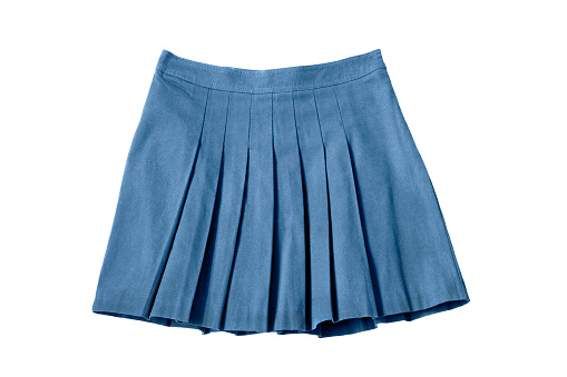 Blue pleated school uniform skirt on white background
