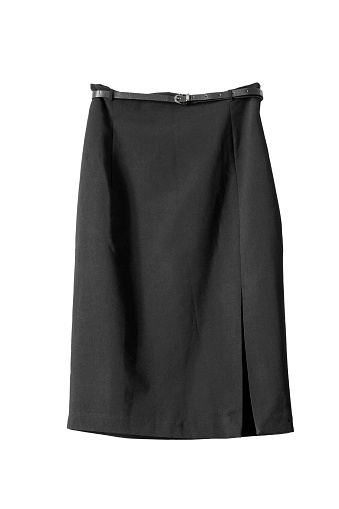 Classic black slit skirt with a belt isolated over white