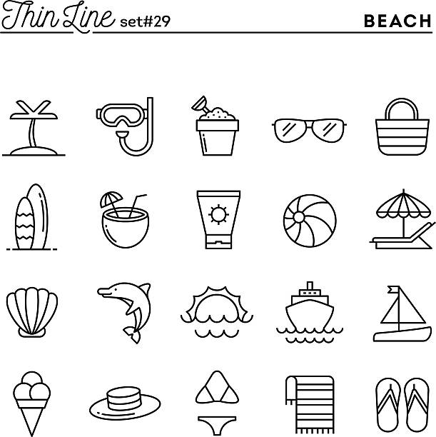 Tropical beach, summer, vacation, cruising and more Tropical beach, summer, vacation, cruising and more, thin line icons set, vector illustration beach bag stock illustrations