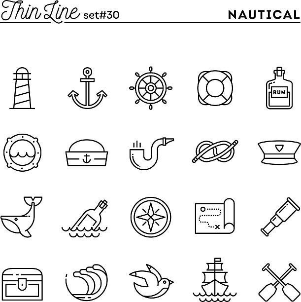 ilustrações de stock, clip art, desenhos animados e ícones de náutica, o vela, mar animais marinhos e mais, ícones de linha fina - ship in a bottle bottle sailing ship nautical vessel