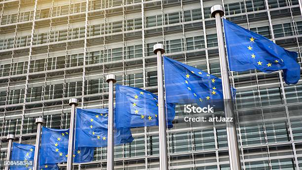 European Union Flags In Front Of The Berlaymont Stock Photo - Download Image Now - Europe, European Commission, European Union