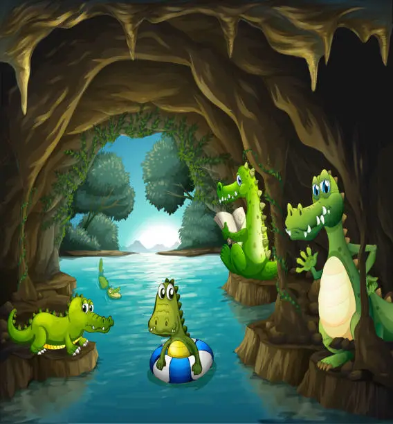 Vector illustration of Crocodiles swimming in the cave