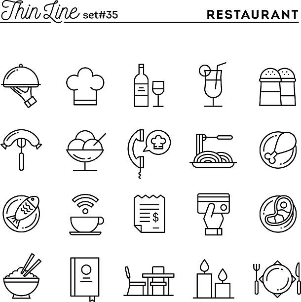 restaurant, telefon bestellen, essen, den empfang und vieles mehr, dünne linie symbole - kaffe auf glastisch stock-grafiken, -clipart, -cartoons und -symbole